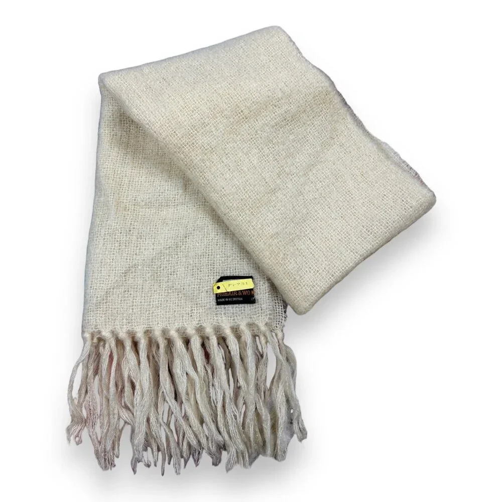 Vtg St Michael Ivory Cream Mohair Wool Blend Rectangle Scarf 18x60